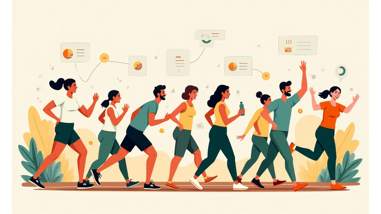 Ilustracja przedstawiająca grupę osób w różnym wieku, aktywnie uczestniczących w wyzwaniach fitness, z symbolami postępu i wsparcia, w żywych kolorach.