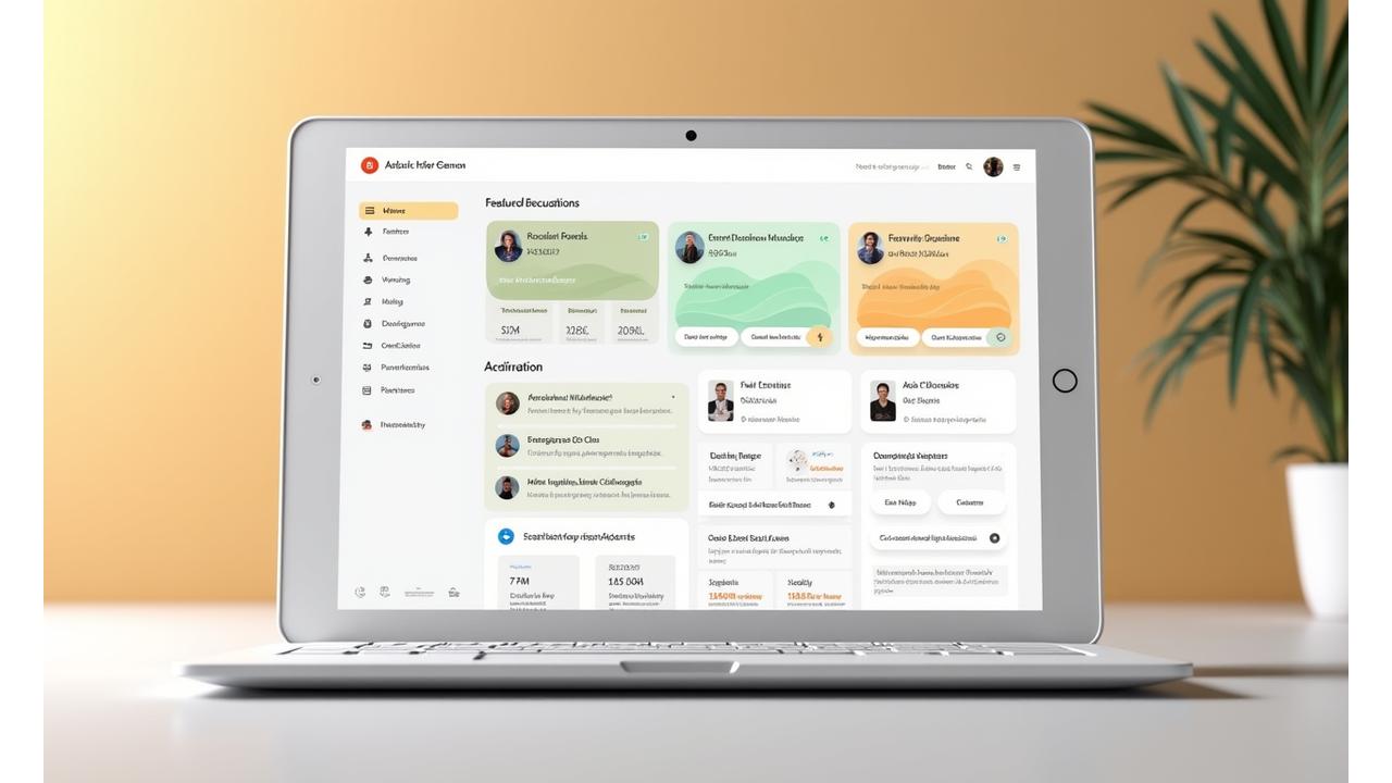 Graficzne przedstawienie pulpitu forum z wizualizacjami statystyk, interaktywnymi postami i avatary użytkowników, w stylu card-based design.