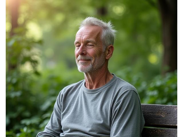 Krzysztof, 50 lat, zrelaksowany i uśmiechnięty, siedzący na ławce w parku po udanej sesji mindfulness.