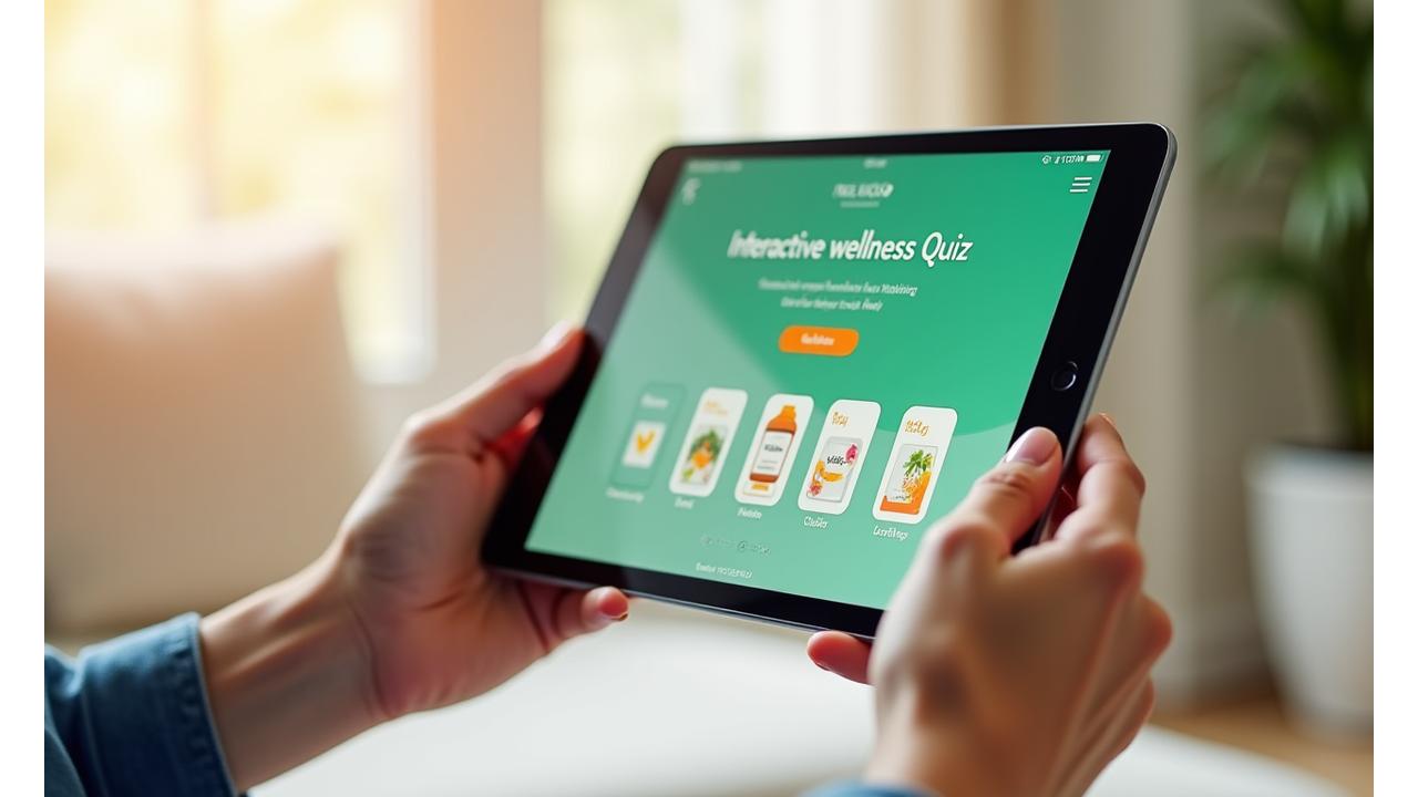 Osoba korzystająca z interaktywnego quizu na tablecie, otoczona ikonami symbolizującymi zdrowie i technologię.