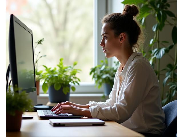 Osoba w średnim wieku skoncentrowana przy laptopie, otoczona roślinami, pracująca w ergonomiczny sposób
