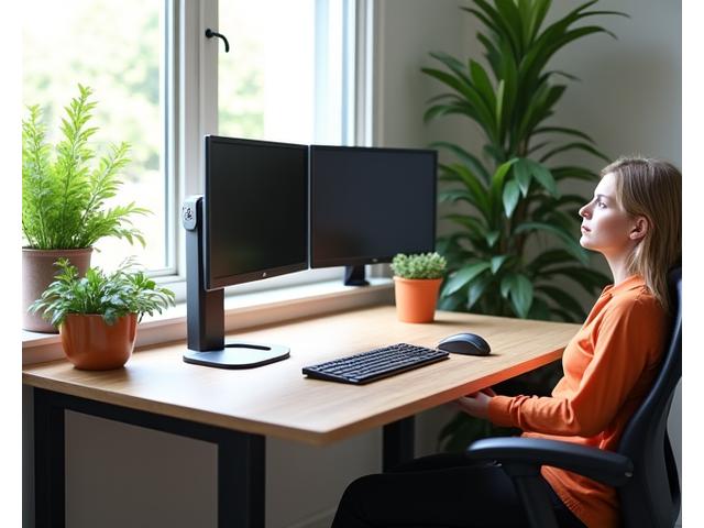 Ułożone ergonomicznie biurko komputerowe z regulowanym monitorem, ergonomicznym krzesłem i zieloną rośliną