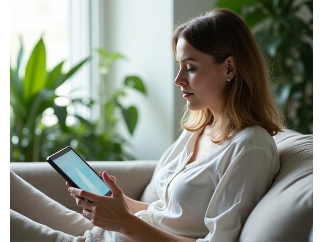 Kobieta w średnim wieku spokojnie używająca tabletu w otoczeniu zieleni, symbolizująca równowagę cyfrową